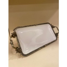 Porselen Dikdörtgen Sunum Tabağı Döküm Pirinç Ayaklı Kulplu Antik Eskitme 32X16 cm