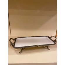 Porselen Dikdörtgen Sunum Tabağı Döküm Pirinç Ayaklı Kulplu Antik Eskitme 32X16 cm