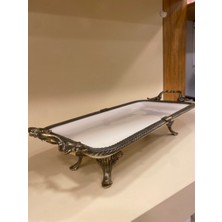 Porselen Dikdörtgen Sunum Tabağı Döküm Pirinç Ayaklı Kulplu Antik Eskitme 32X16 cm