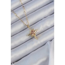 Pileli Store 316L Çelik Zincir Altın Renk Pembe Zirkon Taşlı Kutup Yıldızı Kolye - TJ-BKO9165