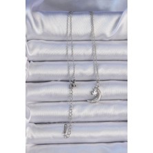 Pileli Store 316L Çelik Zincir Gümüş Renk Zirkon Taşlı Sallantılı Ay Yıldız Kolye - TJ-BKO9062