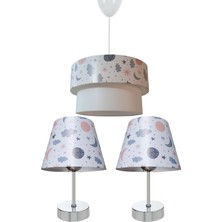 Woodhub 3'lü Set Avize ve Komodin Üstü Krom Abajur Çocuk Odası