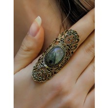 Doğal Taş Prehnit Doğal Taşlı Antik Ayarlanabilir Kadın Yüzük EUY45PR