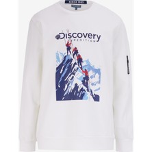 Discovery Expedition Kırık Beyaz Erkek Bisiklet Yaka Relaxed Fit Baskılı Sweatshirt D4WM-SWT3253