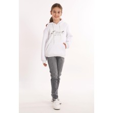 Kedi Baskılı Kanguru Cepli Beyaz Renk Kız Çocuk Kapüşonlu  Sweat