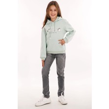 Kedi Baskılı Kanguru Cepli Toz Mint Renk Kız Çocuk Kapüşonlu Sweat