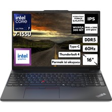 Lenovo Thinkpad E16 G2 Ultra 7-155U 16-Gbddr5 512 GB SSD 16" Intel Graphics Wuxga Freedos Taşınabilir Bilgisayar 21MBSTKY42