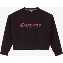 Discovery Expedition Siyah Kadın Bisiklet Yaka Crop Baskılı Sweatshirt D4WL-SWT3010