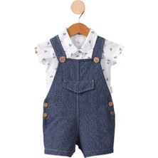 Erkek Bebek Beyaz Laci Salopetli Badminton Desenli Gömlekli Takım