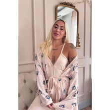 Ekru Balon Desenli Termal Gecelik Sabahlıklı Kadın Pijama Takımı