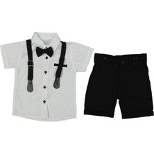Erkek Çocuk Beyaz Desenli Gömlekli Siyah Şortlu Papyonlu Askılı Takım