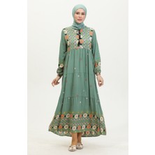 Sefa Merve Nakış Desenli Elbise 4089-02 Mint Yeşili