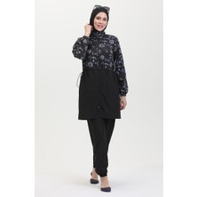 Sefa Merve Çapa Desenli Beli Lastikli Tesettür Mayo 5038-01 Siyah Mavi