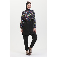 Sefa Merve Geometrik Desen Beli Lastikli Tesettür Mayo 5041-01 Siyah