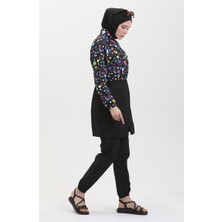 Sefa Merve Geometrik Desen Beli Lastikli Tesettür Mayo 5041-01 Siyah