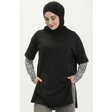 Sefa Merve Kadın Basic Tshirt Uzun Kol Siyah 4012-01 Günlük Stil Düz Desen