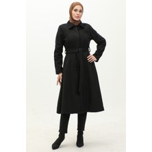 Sefa Merve Gizli Patlı Kuşaklı Kaşe Kaban 71207-01 Siyah