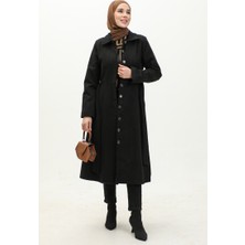 Sefa Merve Gizli Patlı Kuşaklı Kaşe Kaban 71207-01 Siyah