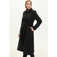 Sefa Merve Gizli Patlı Kuşaklı Kaşe Kaban 71207-01 Siyah