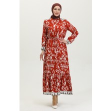 Sefa Merve Viskon Renk Garnili Elbise 0385-02 Kiremit