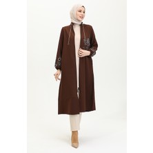 Sefa Merve Taş Baskılı Fermuarlı Abiye Kap 0411-03 Kahverengi