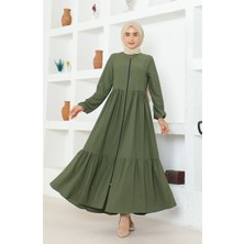 Sefa Merve Bürümcük Kumaş Büzgülü Fermuarlı Ferace 1018-05 Haki