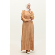 Sefa Merve Puantiye Desenli Büzgülü Elbise 2028-01 Sütlü Kahve