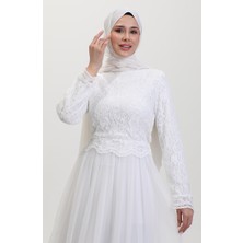 Sefa Merve Dantel Kaplama Abiye Elbise 5369-01 Beyaz
