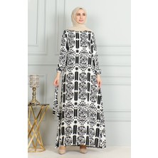 Sefa Merve Desenli Kuşaklı Viskon Elbise 0499-02 Beyaz Siyah