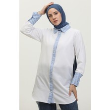 Sefa Merve Çizgili Garnili Tunik 4823-09 Beyaz
