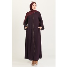Sefa Merve Büyük Beden Taş Şeritli Ferace 5053-02 Mürdüm