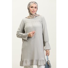 Sefa Merve Bürümcük Kumaş Etek Ucu Büzgülü Tunik 0404DA-05 Gri