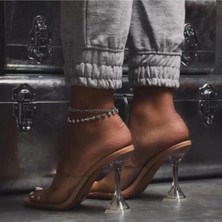 Trendy Anka Kadın Nude Ten Bej 8cm Şeffaf Topuklu Küt Kare Burunlu Stiletto Ayakkabı Terlik