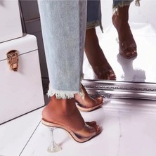 Trendy Anka Kadın Nude Ten Bej 8cm Şeffaf Topuklu Küt Kare Burunlu Stiletto Ayakkabı Terlik