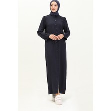Sefa Merve Kol Büzgülü Düğmeli Viskon  Elbise 5109-03 Lacivert