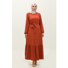 Sefa Merve Etek Ucu Büzgülü Kuşaklı Elbise 0202DA-01 Kiremit