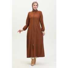 Sefa Merve Kol Ucu Lastikli Fermuarlı Düz Ferace 1013-01 Kahverengi