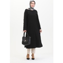 Sefa Merve Bürümcük Kumaş Önü Şeritli Tunik 5105-01 Siyah