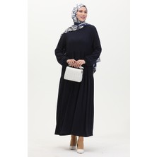 Sefa Merve Bürümcük Kumaş Büzgülü Elbise 1048-02 Lacivert