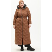 Sefa Merve Büyük Beden Kürklü Kapitone Uzun Kaban 6046-03 Taba