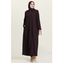 Önü Taşlı Kolu Güpürlü Büyük Beden Ferace 5005-02 Mürdüm