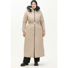 Büyük Beden Kemerli Kapitone Mont 5158-01 Bej