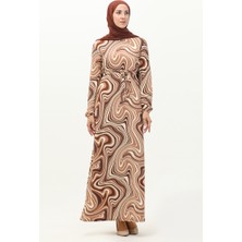 Sefa Merve Desenli Tesettür Uzun Elbise 8648-01 Kahverengi