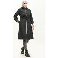 Sefa Merve Beli Büzgülü Kapüşonlu Yağmurluk 0295-04 Siyah