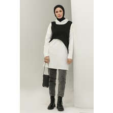 Kapüşonlu Sweatshirt 23109-01 Ekru Siyah