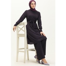 Sefa Merve Kuşaklı Tunik Pantolon Ikili Takım 0690-02 Mor