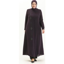 Sefa Merve Büyük Beden Taş Baskılı Ferace 5048-04 Mürdüm