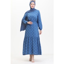 Sefa Merve Çapa Desen Kuşaklı Elbise 0461-02 Indigo