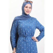 Sefa Merve Çapa Desen Kuşaklı Elbise 0461-02 Indigo