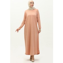 Sefa Merve Yarasa Kol Uzun Simli Elbise 8660-01 Pudra